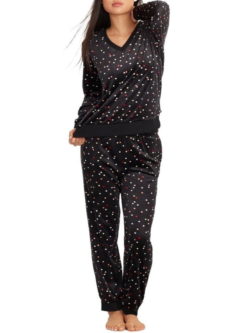 Kate Spade New York Women's V-Neck Velour Knit Pajama Set XL Black Polka Dot